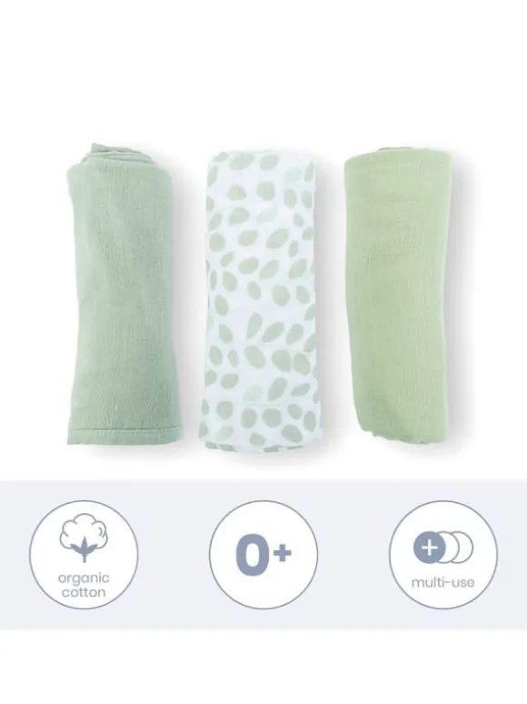 Luomupuuvillainen harso 3-Pack, leaves green | DOOMOO